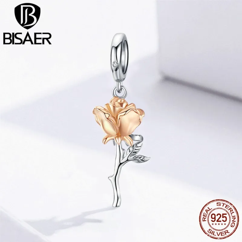 

Rose Flowers Beads BISAER 925 Sterling Silver Blooming Rose Flower Charms Beads Fit DIY Bracelets & Bangles Accessories EFC145