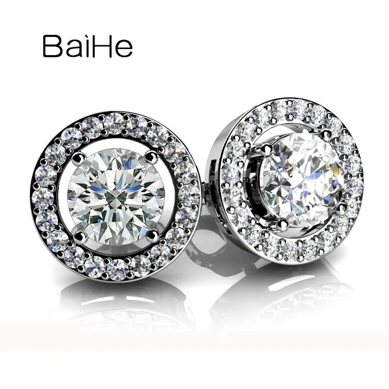 BAIHE Solid 18K White Gold 0.74ct H/SI Natural Diamond Round Stud Earrings Women Men Wedding Fine Jewelry කරාබු Cercei Stud