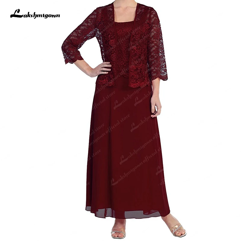 Burgundy Mother of the Bride Dresses With Jacket Ankle Length Lace Chiffon Plus Size Wedding Guest Dress Evening Gown purple