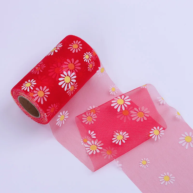 25Yards 6cm Small Daisy Printed Mesh Roll Tulle Ribbon Fabric DIY Craft Wedding Home Birthday Decoration Bow Materia