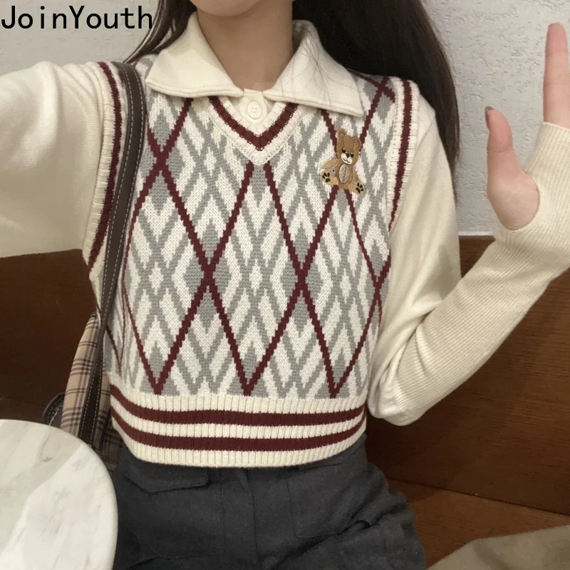 Joinyouth Vintage Knit Cropped Sweater Vest Embroidery Anime Sweaters V-neck Y2K Tank Top Fashion Korean Plaid Women Pullovers