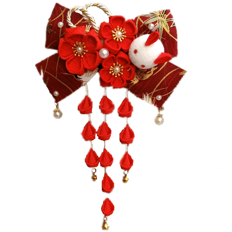 Épingle à cheveux en forme de fleur de cerisier pour fille, kimono japonais, accessoires lolita, doux, en forme d'éventail, lapin, nœud fin