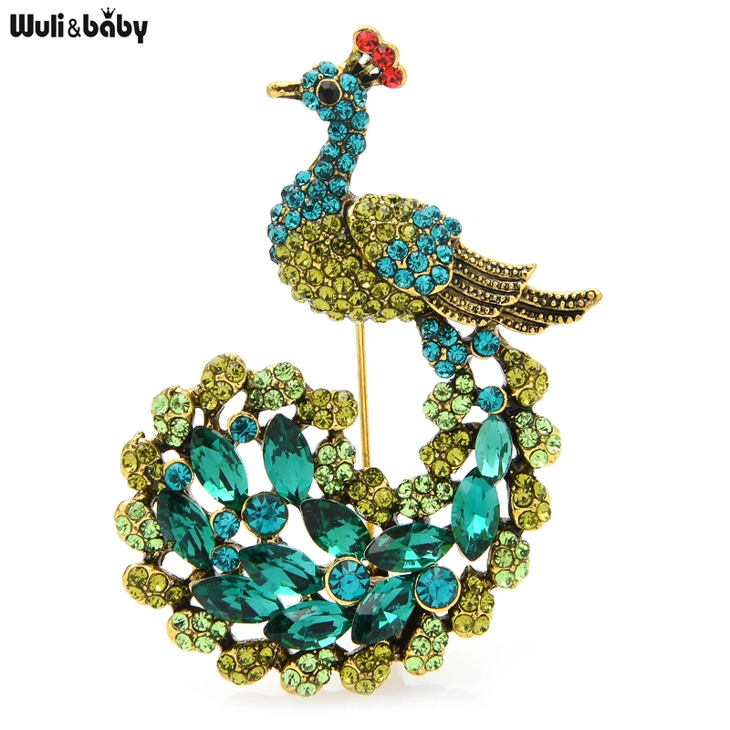 Wuli&baby Sparkling Peacock Brooches Green Rhinestone Peacock Animal Brooch Pin Jewelry Gift