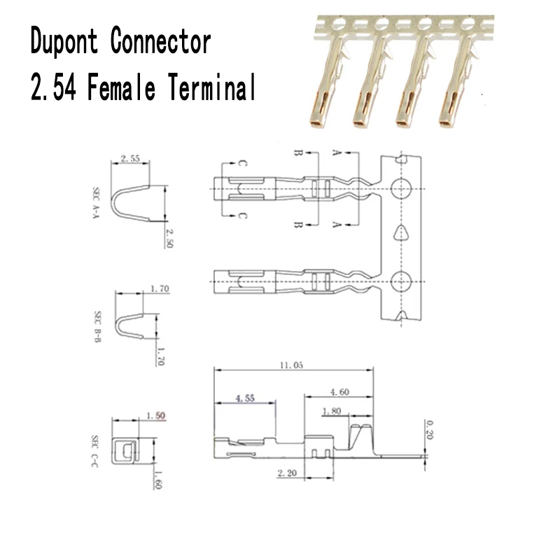 200 piezas para conector Dupont medio chapado en oro, Tinniness, 2,54mm, Terminal de Metal Femal, Pin macho, tira de puente de Cable 2,54 rompible