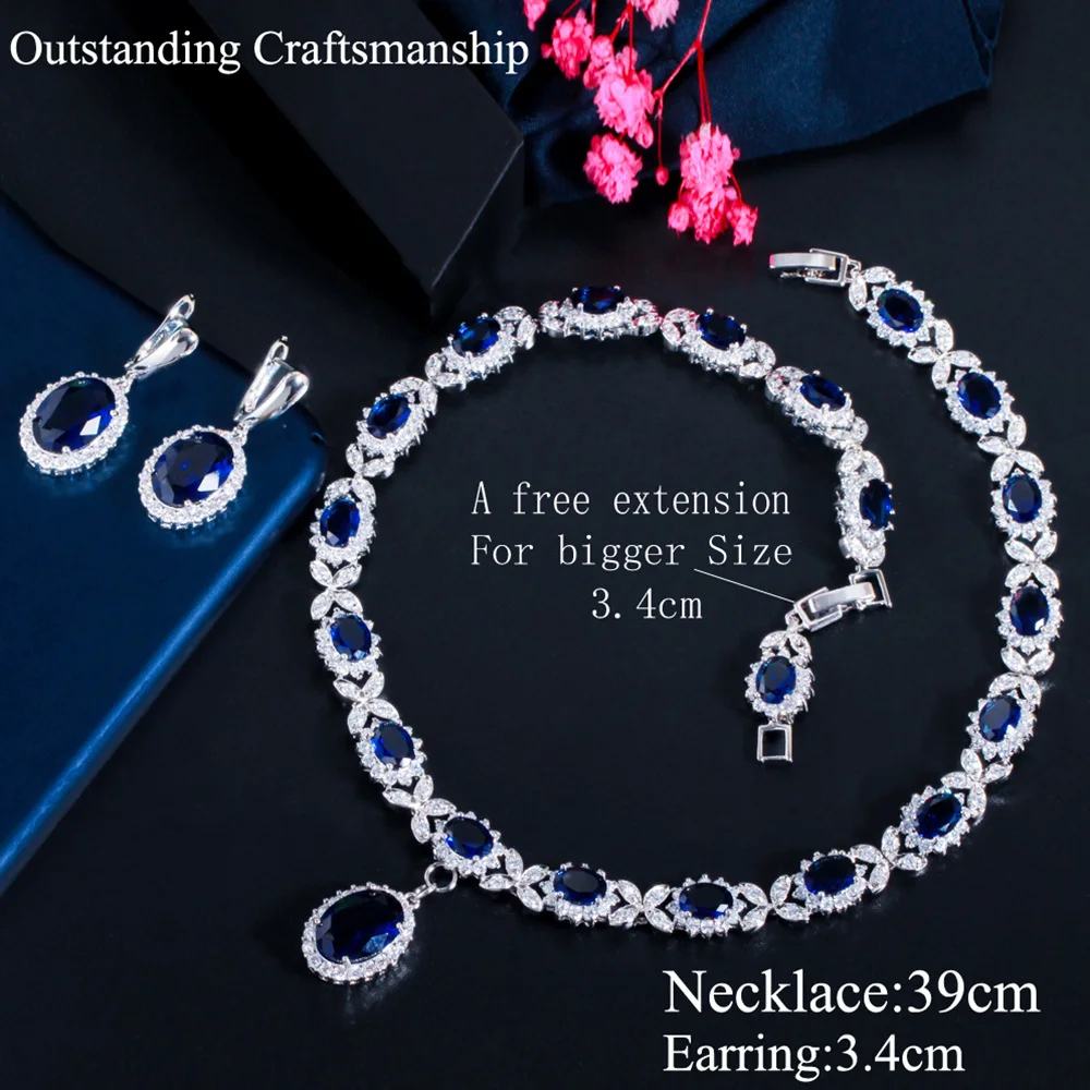 Pera Beautiful Royal Blue CZ Crystal Big Oval Drop Earrings and Pendant Necklace Sets for Women Anniversary Jewelry Gift J426