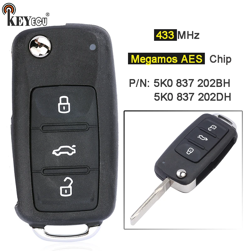 

KEYECU 433MHz ASK Megamos AES / ID88 Chip 5K0 837 202 BH / DH Smart Remote Key Fob for Volkswagen Beetle Caddy Caravelle Jetta