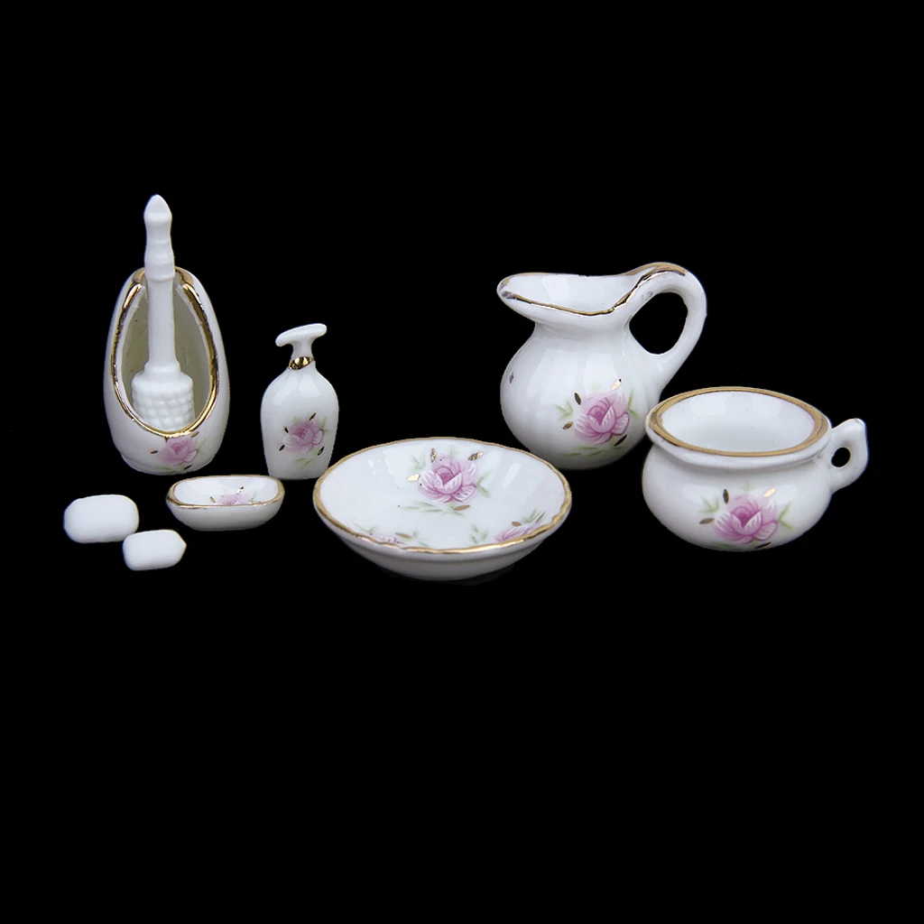 8PCS 1/12 Dollhouse Miniature Bathroom Accessory Toiletries Rose Floral Ceramic