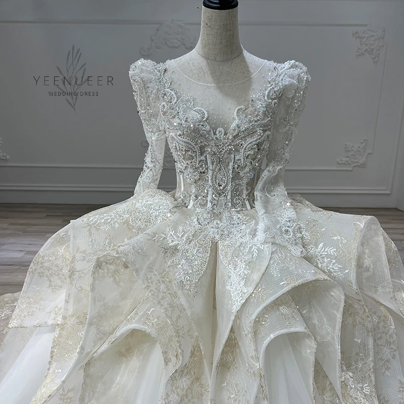 Yeenueer White Wedding Dress With Champagne Lace Full Beading Bridal Dress