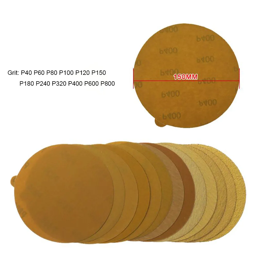 Discos de lijado autoadhesivos, papel de lija seco de óxido de aluminio amarillo, almohadillas de respaldo redondas forradas de pegamento, grano 40 a 150, 6 pulgadas, 800mm, 5 unidades
