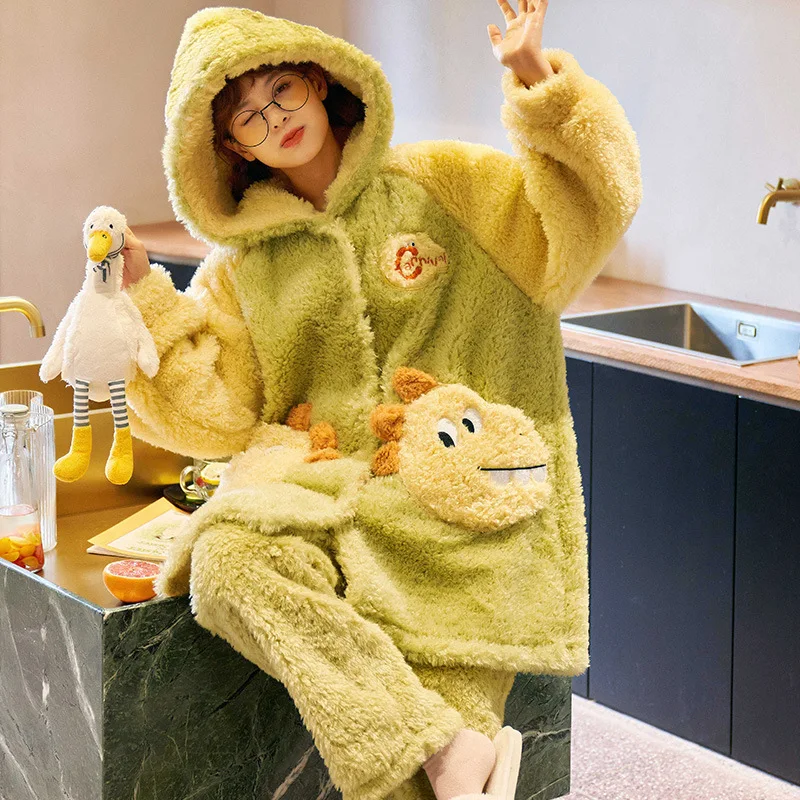 

Pajamas thick coral fleece bathrobe set hooded warm autumn nightgowns winter home wear ladies sleepwear new pijama mujer