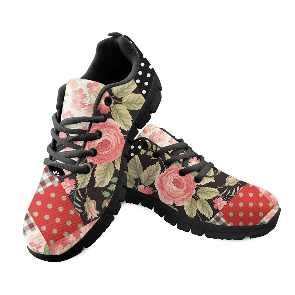 Classical Floral Pattern Ladies Flats Shoes Vivid Printing Rose Light Weight Lacing Sneakers for Girls Stylish Footwear