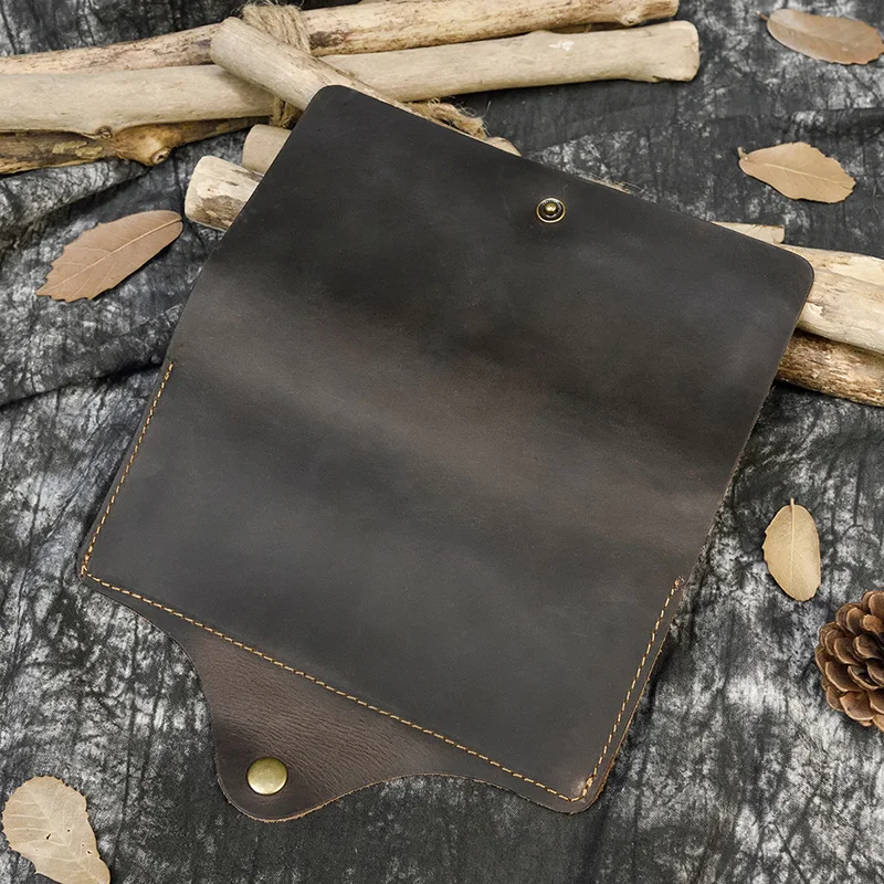 Men\'s Crazy Horse Leather Long Wallet Brown Real leather Trifold clutch snap purse Hasp purse with Phone pocket and coin pocket