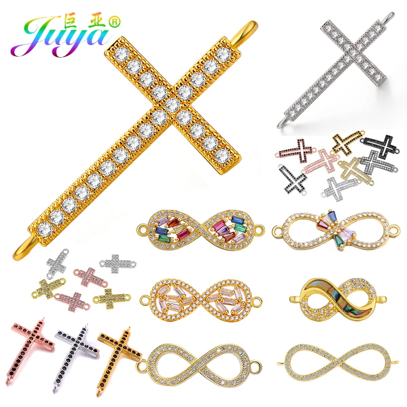 Juya DIY Religious Christian Jewelry Making Accessories Micro Pave Zircon Gold Infinity Cross Charm Connectors Findings