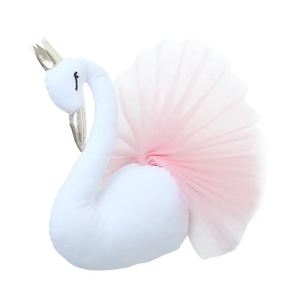 Lovely 3D Crown Swan Wall Art Hanging Plush Stuffed Doll Golden Crown Elegant Kids Girl Bedroom Decor Soft and Safe