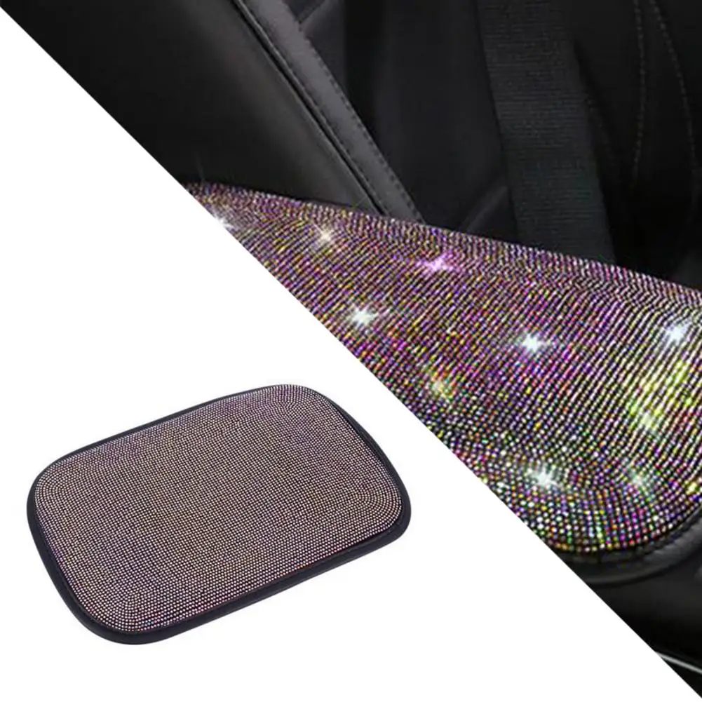 Rhinestone Car Armrest Cover Crystal Diamond Bling Shining Auto Center Console Protective Cushion Pad With Two Elastic Straps