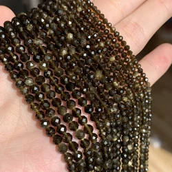 Natural Golden Obsidian 2/3/4mm Faceted Mineral Loose Beads for Jewelry Making DIY Christmas Gift Bracelets 15'' Tiny Stone