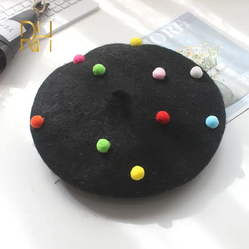 Female Candy Sweet Colors Little Fur Balls Dot Beret Fresh Wool Felt Warm Cute Girls French Hats
