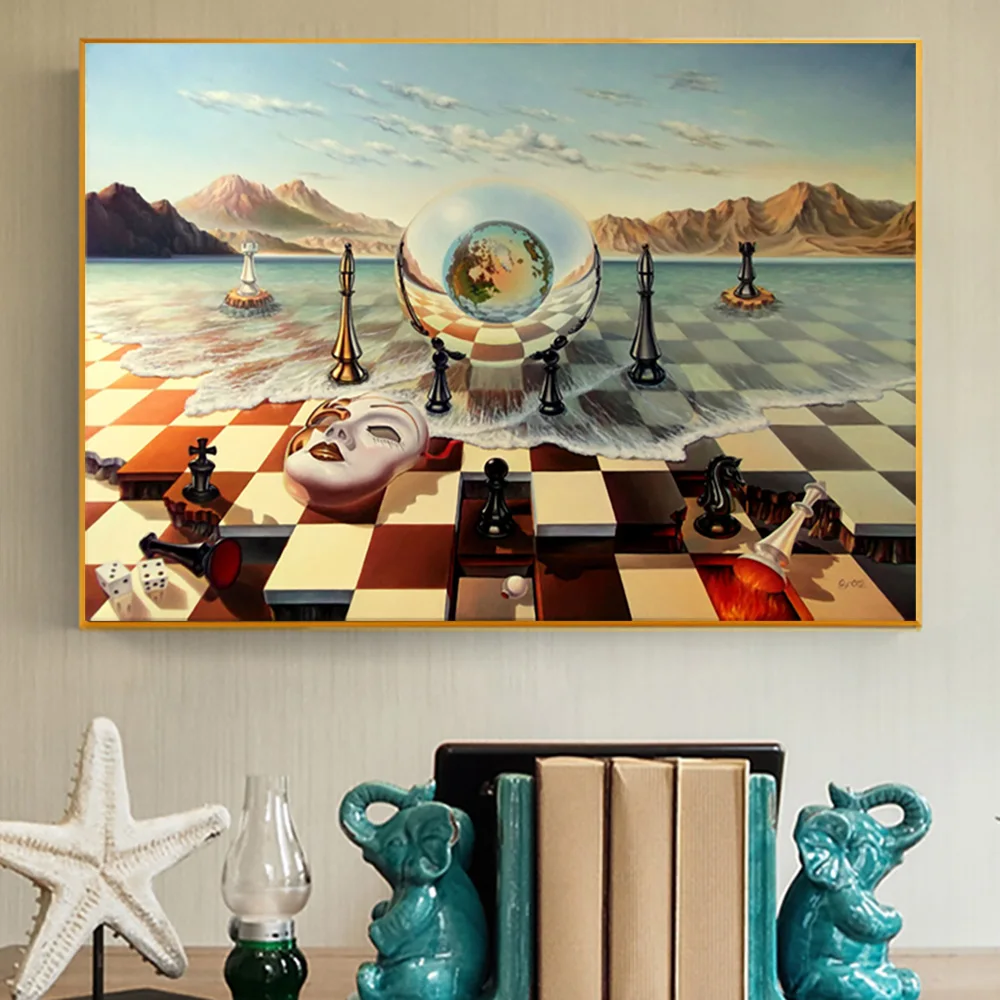 

Salvador Dali Surrealism Chess Mask On Sea Canvas Prints Painting On Wall Art Abstract Weird Posters Picture Home Decor Cuadros