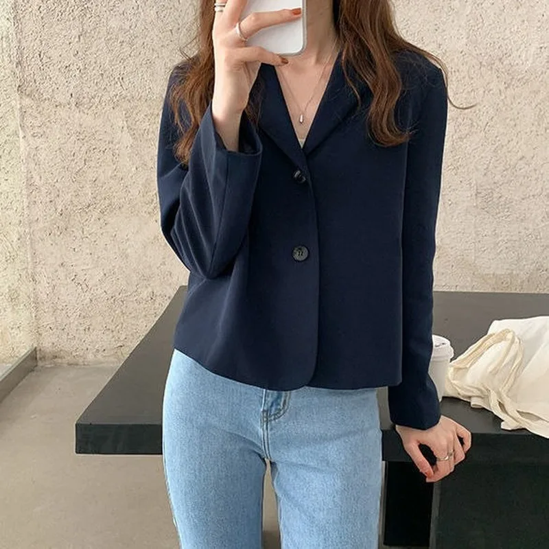 Blazer de manga larga para mujer, chaqueta lisa de un solo pecho, corta y sencilla que combina con todo, Blazer elegante para primavera y ocio, moda de estilo coreano