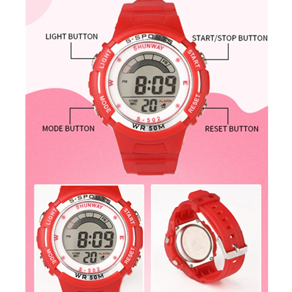 Kids Swimming Watch LED Electronic Digital 5Bar Waterproof Sports Watches for 3~12 Years Old Cute Lovely Baby Clock Gift S502