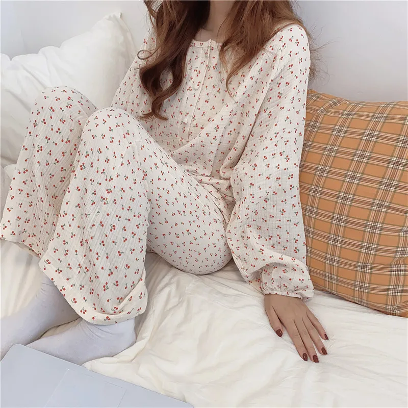 Vintage Cherry Print Cotton Pajamas Set Women O-Neck Long Sleeve Single Breasted Shirts + Long Pants Home Suit Japanese Soft