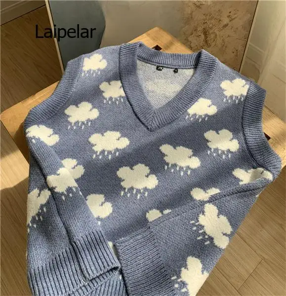 Women Fashion V Neck Cloud Pattern Knitting Sweater Female Sleeveless Casual Slim Vest Chic Leisure Pullovers Tops