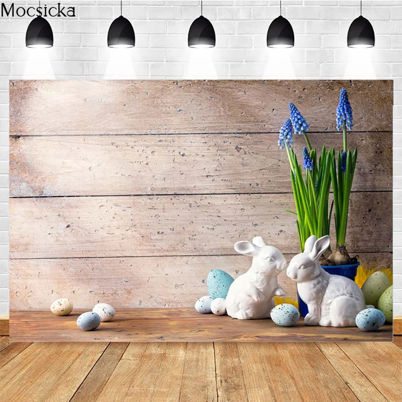 

Mocsicka Easter Photography Background Bunny Potted Wood Plank Decoration Props Baby Shower Child Portrait Photo Backdrop Banner