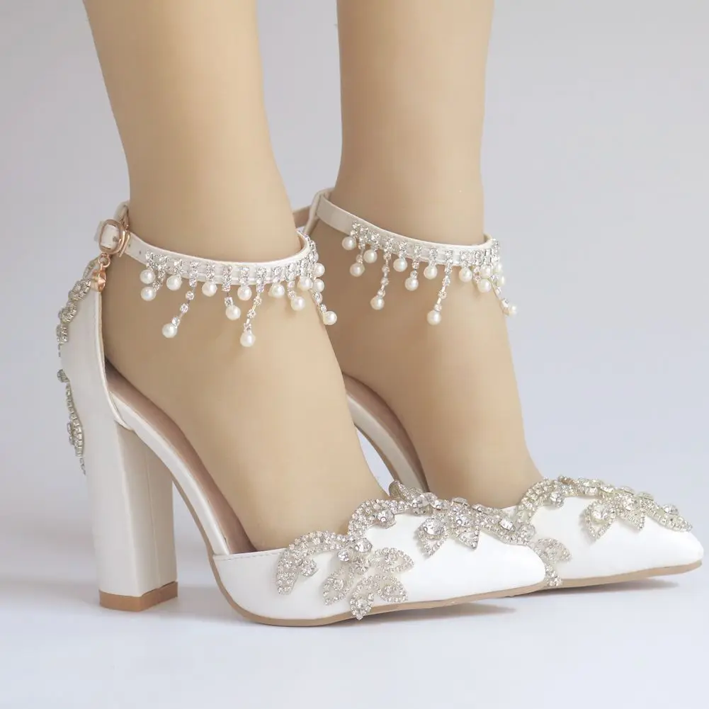 Sexy Wedding Shoes Bride Heels Crystal Pumps Christmas Evening Party Luxury Square Heel Sandals Woman Tassel rhinestones Shoes