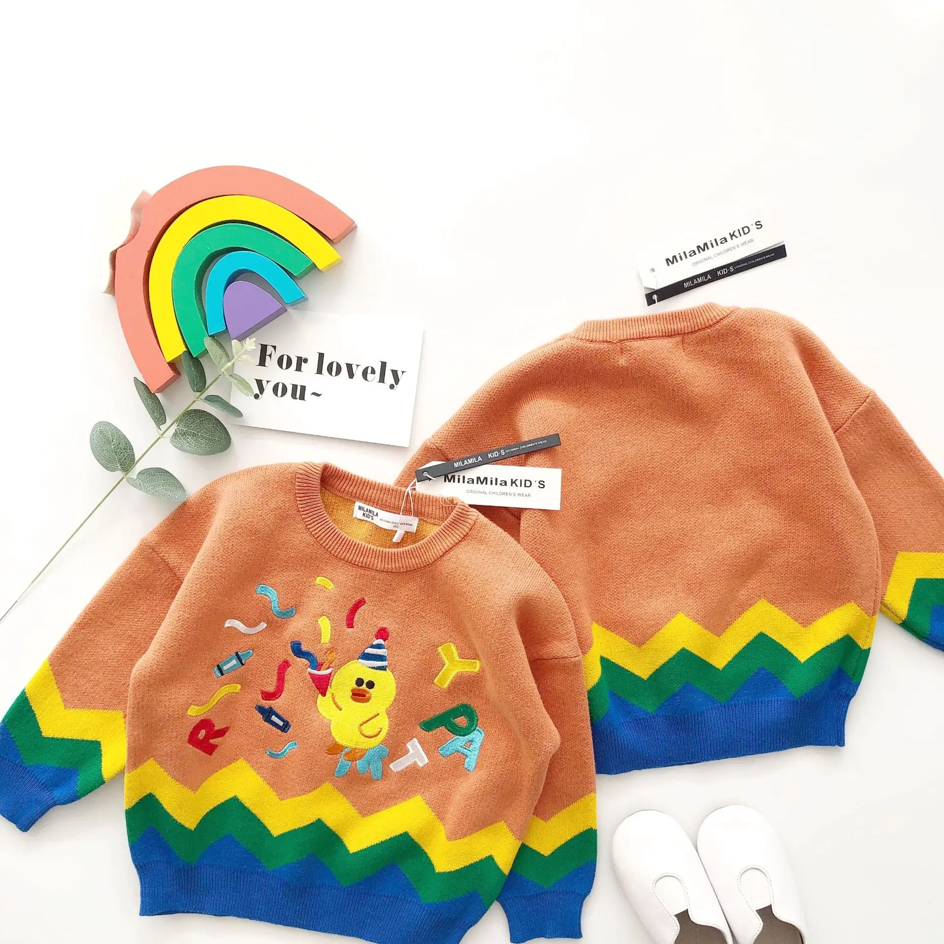 Tonytaobaby Autumn and Winter Wear New Style Baby Boys and Girls Wear Rainbow Sweater Ducklings Orange Sweater