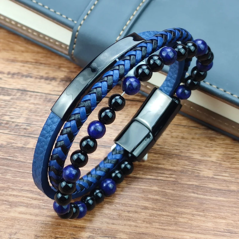 2021 Blue Stone Bracelet Genuine Blue Leather Braided Bracelet Stainless Steel Magnetic Clasp Tiger Eye Bead Bangles Men Jewelry