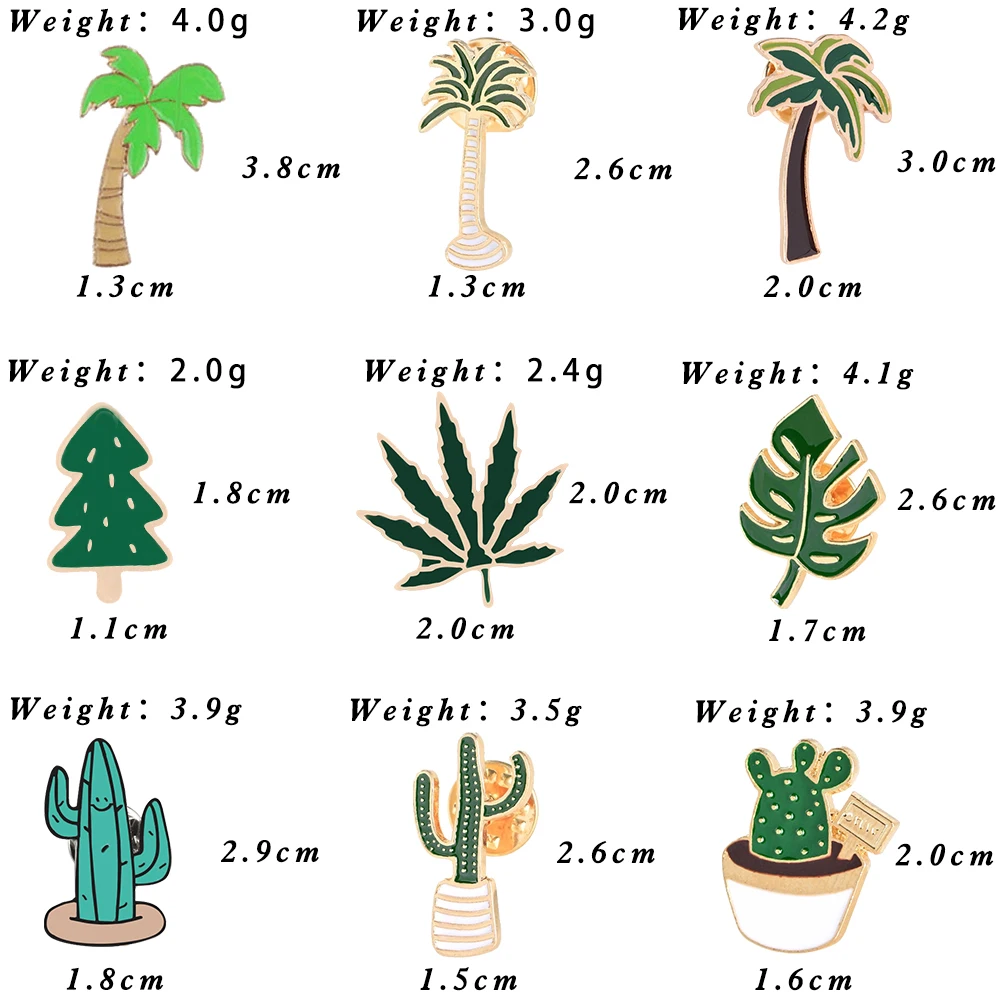 Simple Cartoon Green Plants Brooches Pins Coconut Trees Mexican Cactus Maple Leaf Christmas Tree Metal DIY Button Badges Jewelry