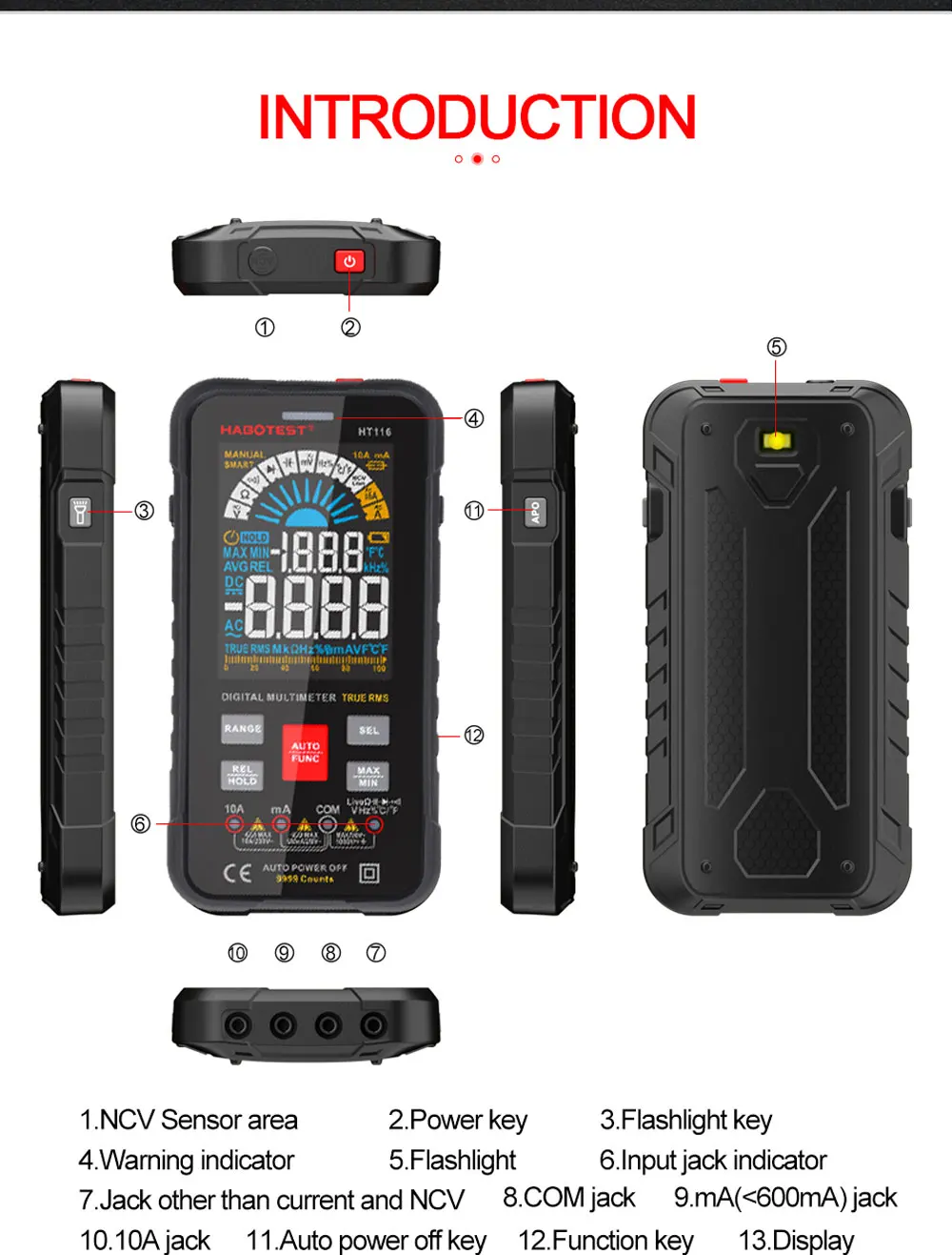 HT116 Ac Dc 1000V Tester Digitale Multimeter Profesional Ncv Smart Auto True Rms Multimeter Voltmeter Capaciteit Voltage Tester