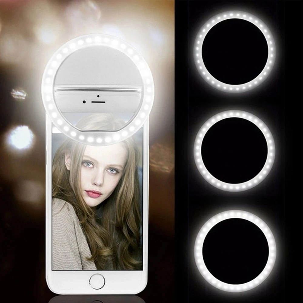 

Перезаряжаемый кольцевой светодиодный светильник для селфи, с зажимом, на батарейках, светильник для макияжа, 3 уровня яркости для женщин