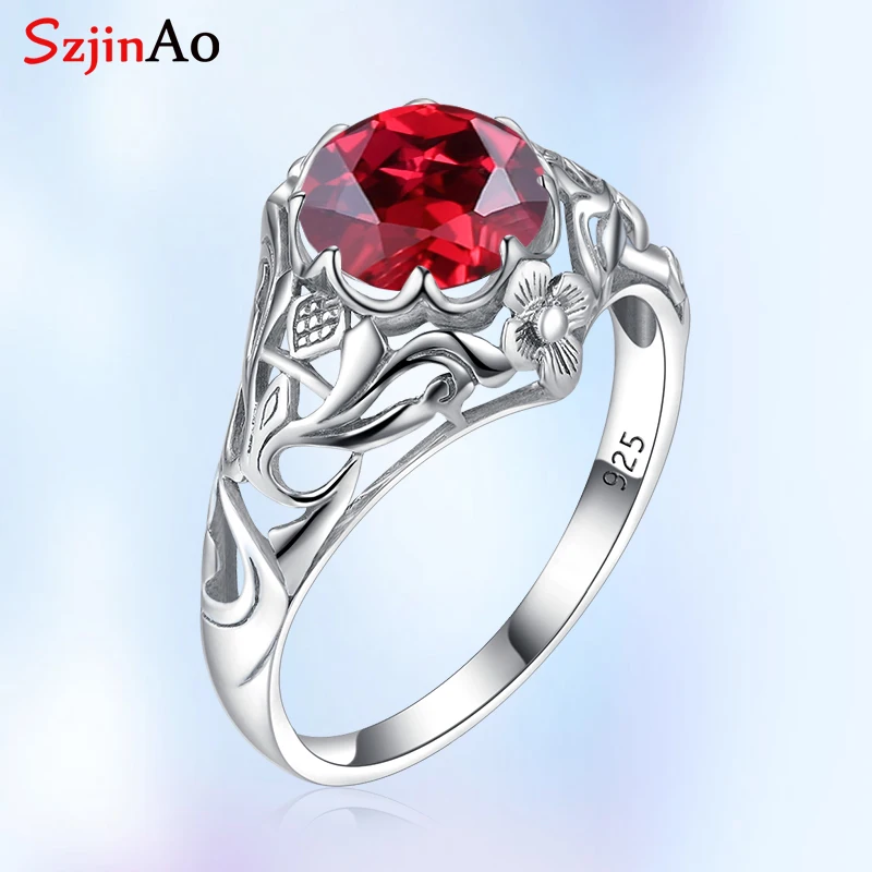 Szjinao 8*8mm Elegant Garnet Rings 925 Silver Women's Jewelry Round Red Gemstone Banquet Party Gift Intage Art Deco Revival