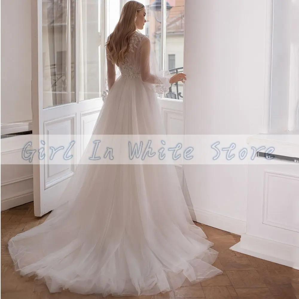 Abiti da sposa con applicazioni o-collo 2021 Illusion Back pizzo fiori perline corte dei treni A-Line maniche lunghe Vestido De Novia