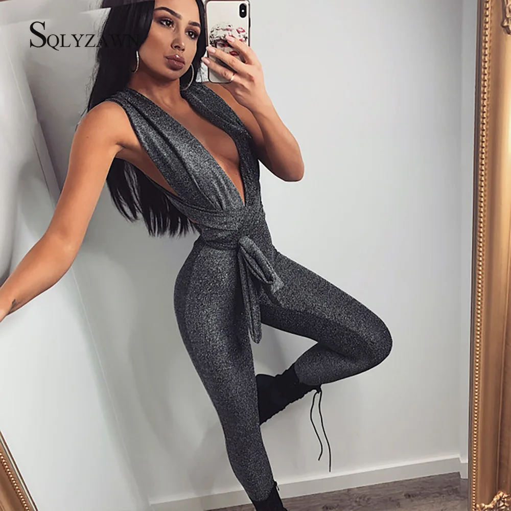 Sexy Sparkle Jumpsuit Women Off Shoulder Lace Up Bodycon Bandage Long Pants Glitter Backless Party Club Rompers Womens Jumpsuits