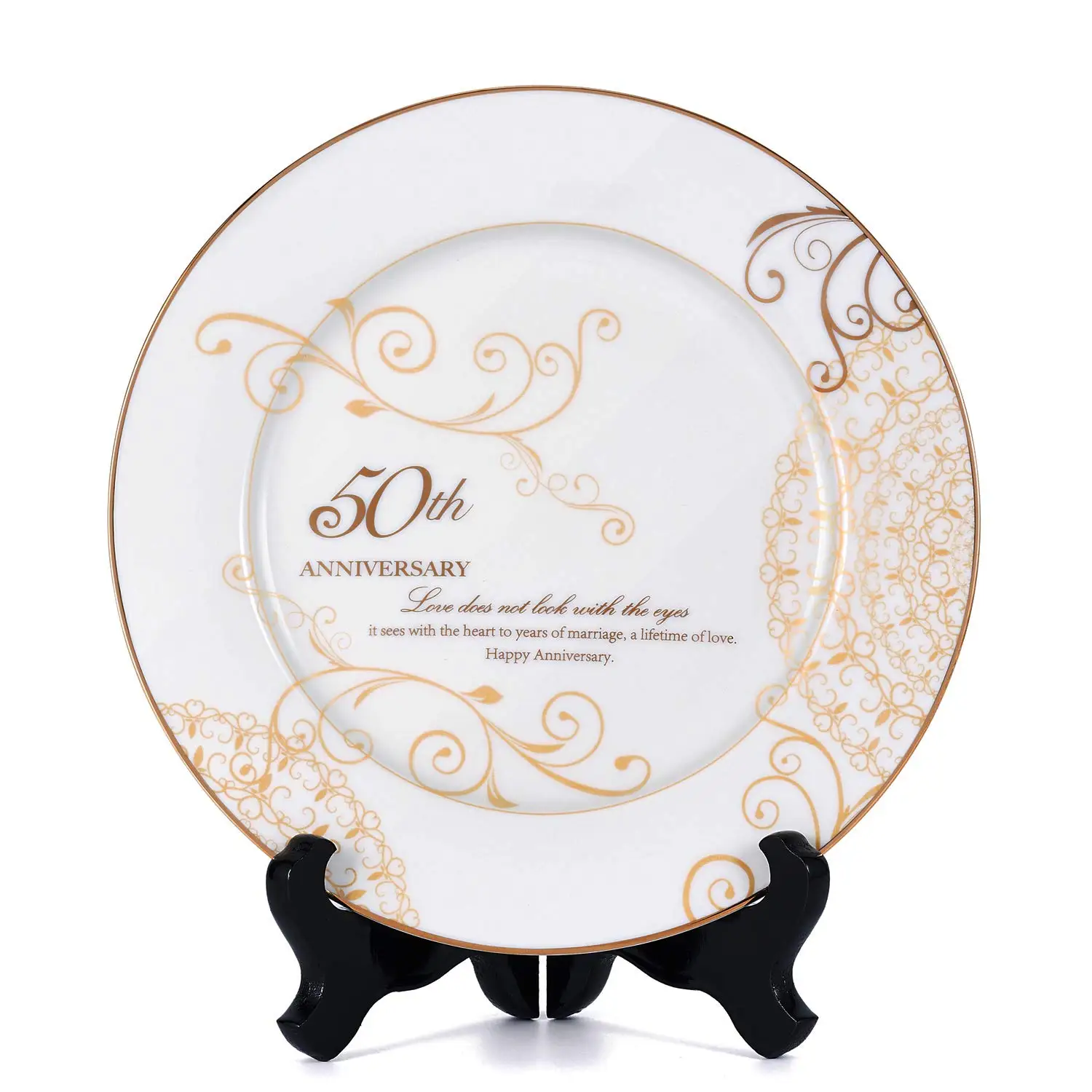 50th Wedding Anniversary Plate Anniversary Wedding Gift For Parents Couple 9 Inch Gold Rim Porcelain Decorative Plate With Stand