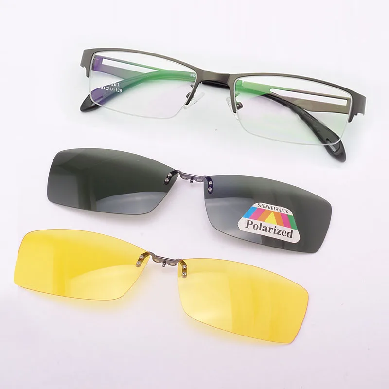 Stainless Steel Glasses Frame For Men Brown 2PCS Magnetic Sunglasses Clip UV400 Yellow Polarized Night Vision Eyeglasses