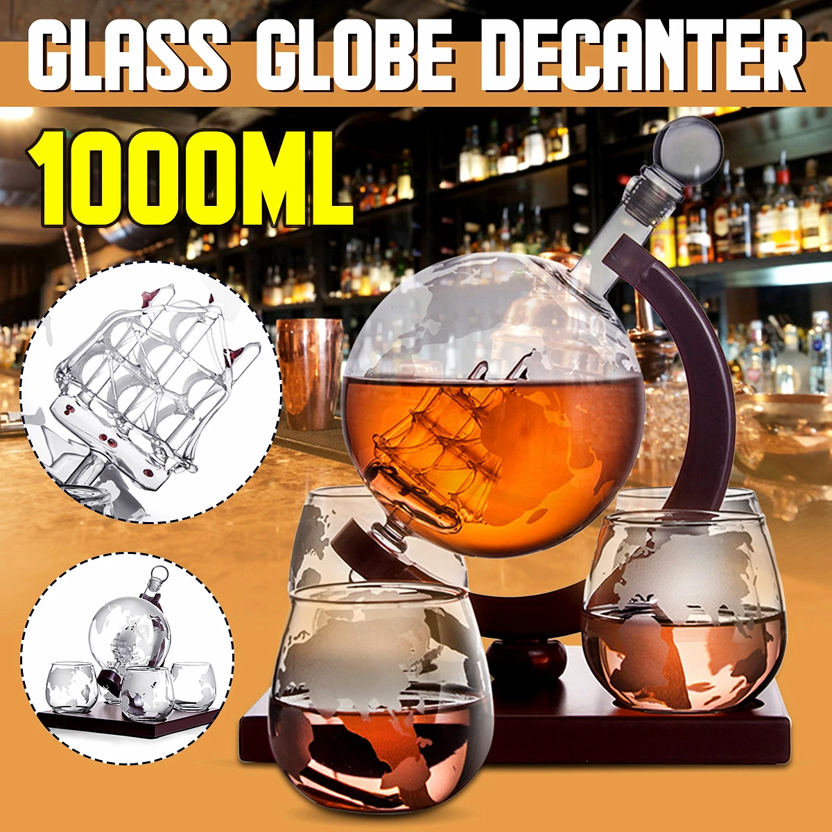 1000ML World Globe Decanter Glass Crystal Spirits Bottle