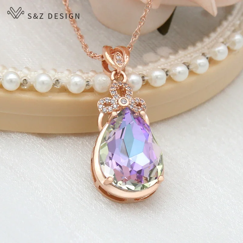 S&Z DESIGN New Luxury Cubic Zirconia Water Drop Colorful Crystal 585 Rose Gold Color Pendant Necklace For Women Wedding Jewelry