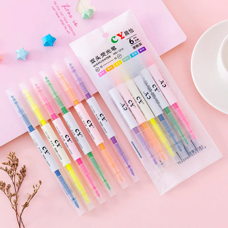 3-6 PCS/Set Double Headed Highlighter Pen Set Fluorescent Markers Highlighters Pens Art Marker Colorful Cute Kawaii Stationery