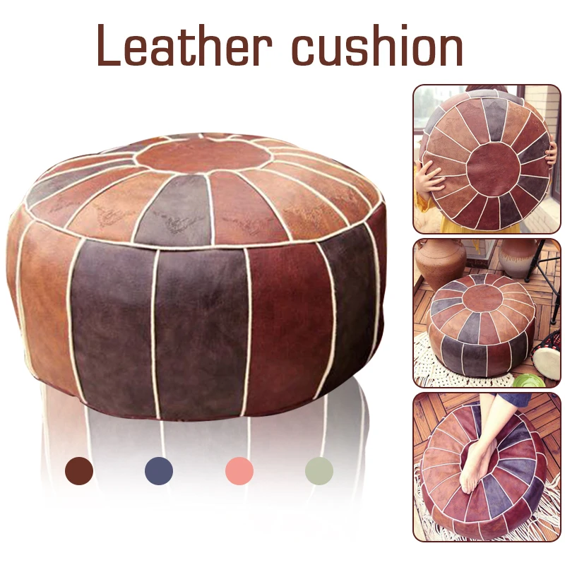 Moroccan Artificial PU Leather Cushion Cover Embroidery Craft Ottoman Footstool Case Living Room Decor Unstuffed Pouf Covers