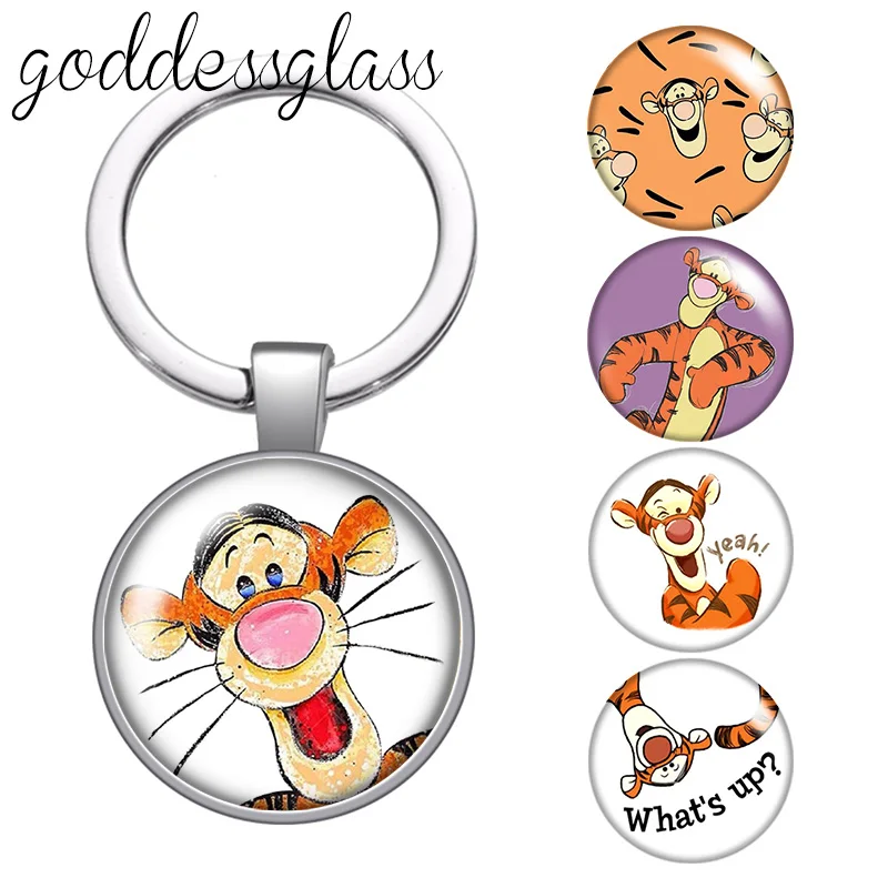 

Disney Pooh Friends Tigger Cute Cartoon Tiger glass cabochon keychain Bag Car key chain Ring Holder Charms keychains gift