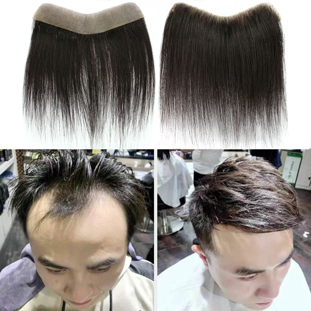 Men\'s Hairline Toupee V-Shape Brazilian Virgin Human Hair Toupee Soft Thin Skin Mens Hairpieces Hair Replacement System