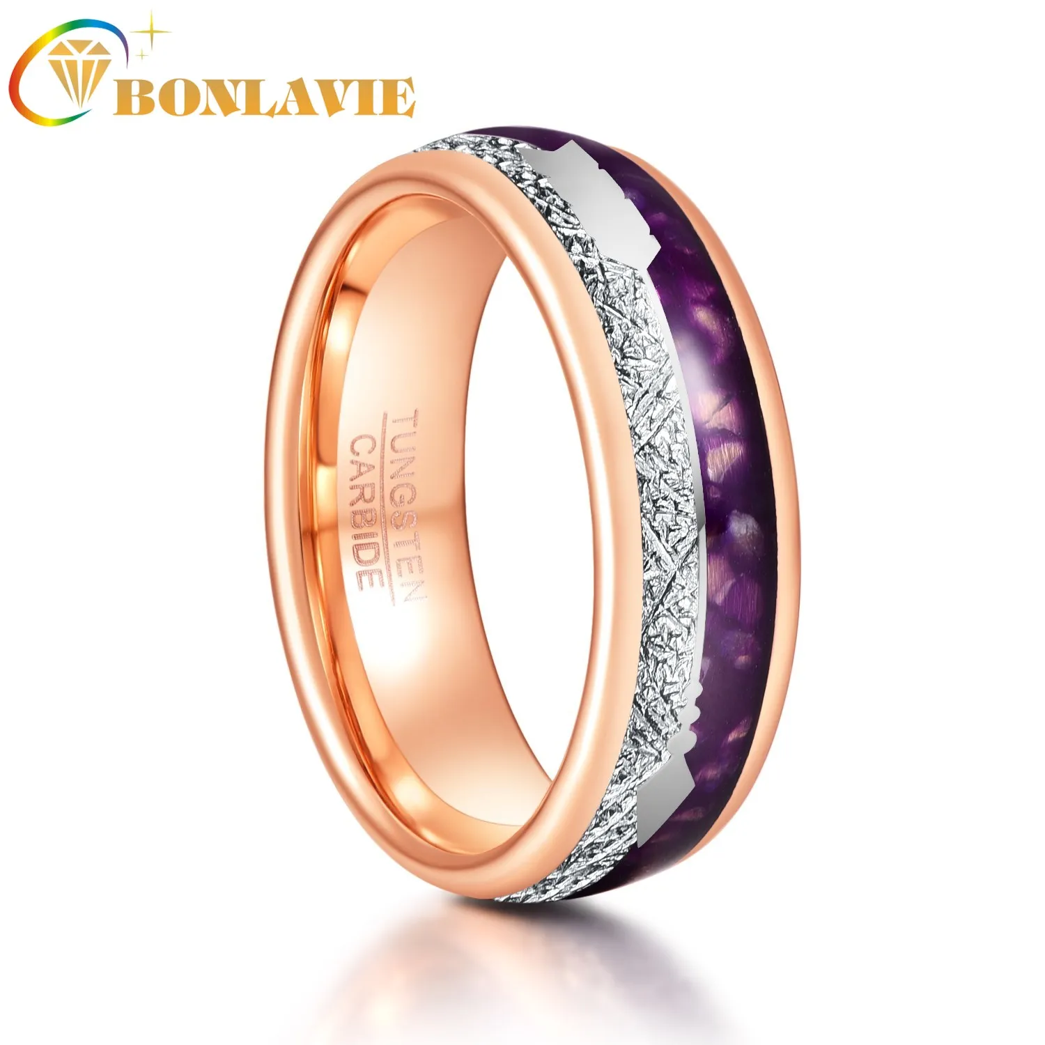 

BONLAVIE 8mm Rose Gold Color Inlaid Meteorite Purple Men Tungsten Carbide Rings Retro Arrow Tungsten Steel Jewellery