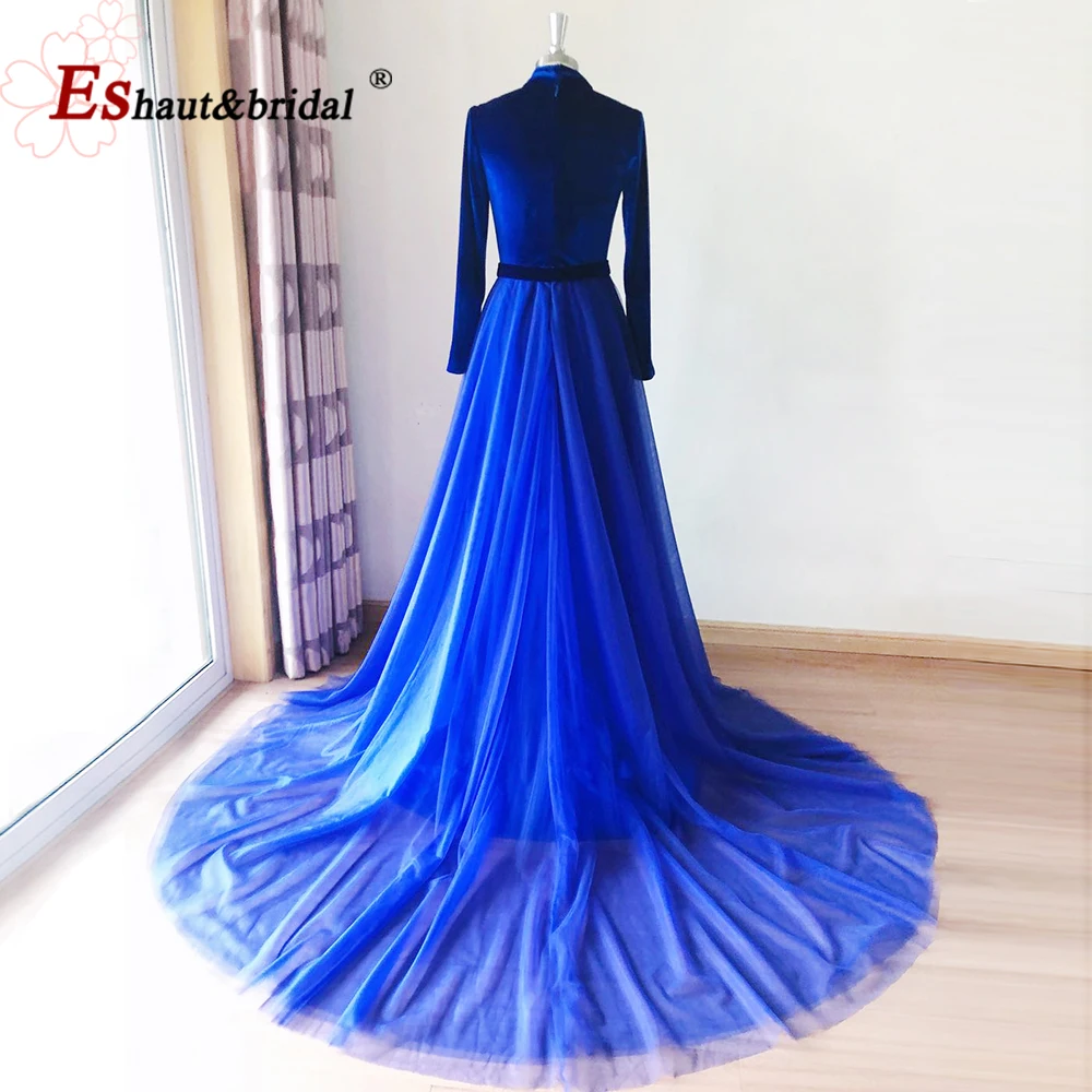 Elegant Muslim Evening Dresses for Women 2023 High Neck Long Sleeves Velvet A-Line Formal Dubai Arabic Wedding Prom Party Gowns