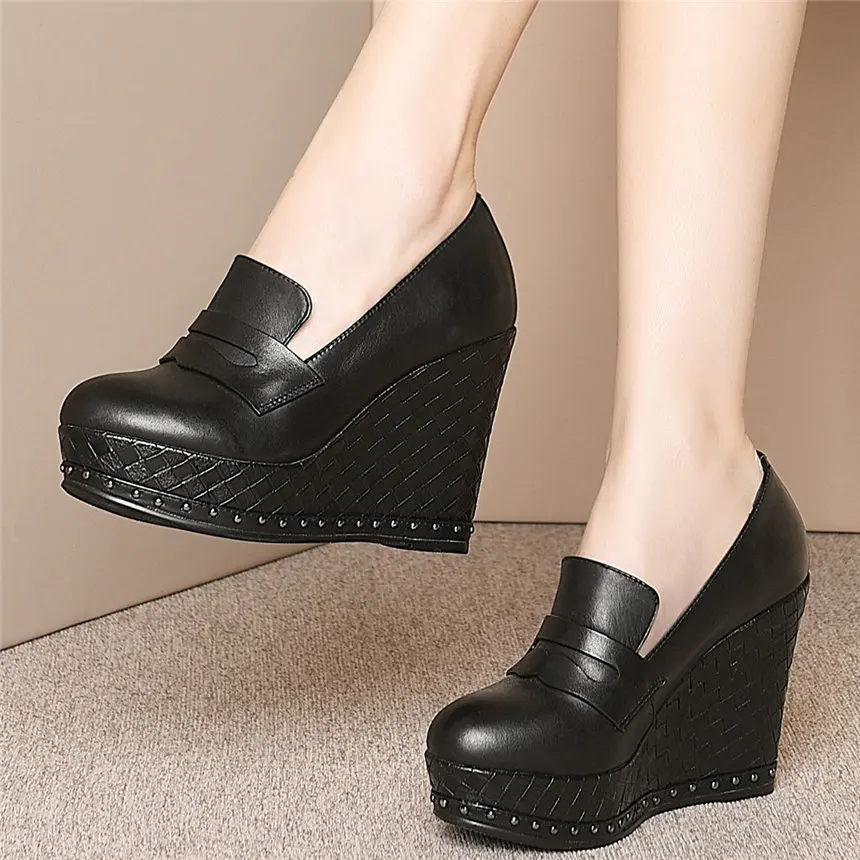 

Shoes Women Black Beige Genuine Leather Platform Wedges High Heel Pumps Shoes Female Slip On Round Toe Mary Janes Casual Shoes