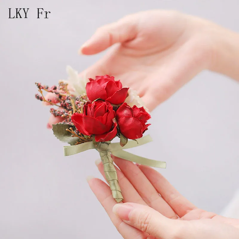 LKY Fr 웨딩 손목 코사지 신부 들러리 팔찌 실크 꽃 손목 코사지 팔찌 웨딩 핸드 꽃 Boutonniere Groomsmen