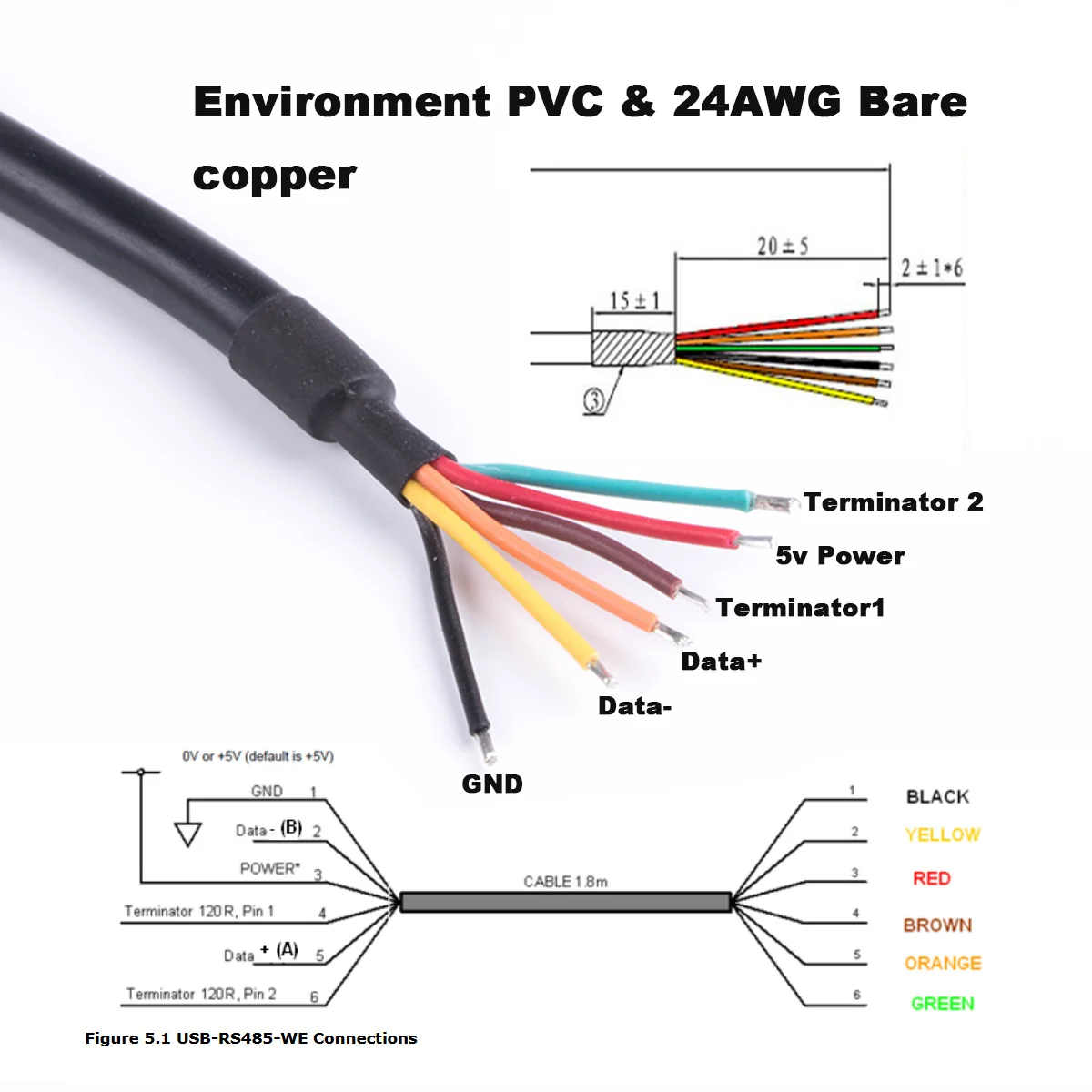 FTDI USB RS485 Serial 6Pin Wire End Converter Programming Module Cable for USB-RS485-WE-1800