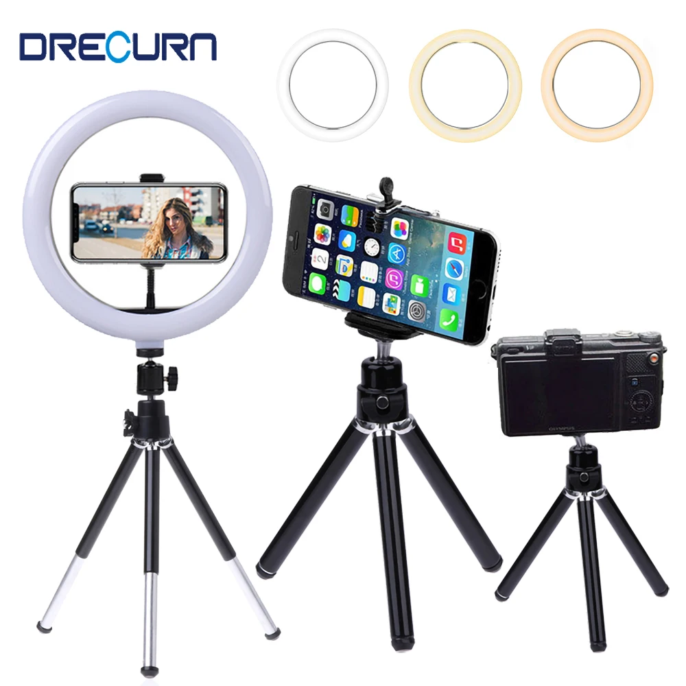 DRECURN-Anillo de luz LED de 6 y 10 pulgadas con trípode, soporte para teléfono, cámara de escritorio, Selfie, lámpara Flash, soporte para maquillaje, vídeo en vivo